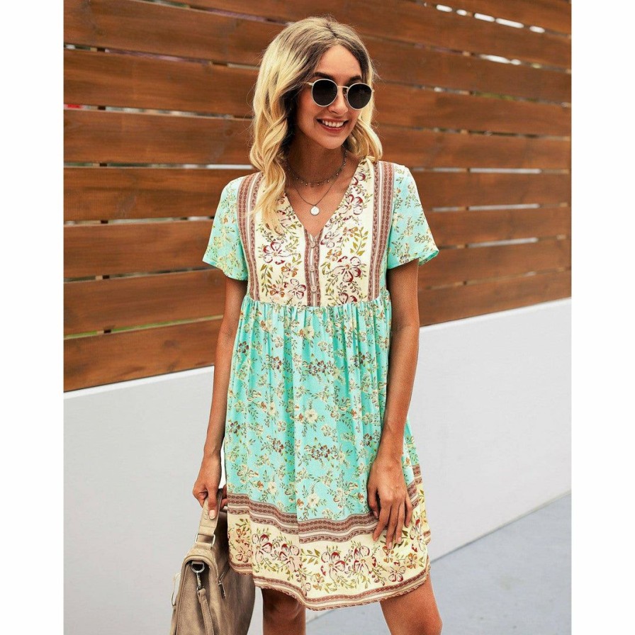 Women * | J+J Green Floral Boho Dress Dresses