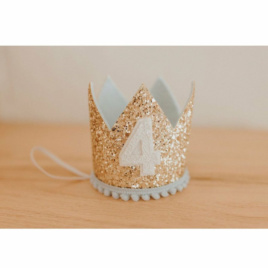 Party Time * | Cutest Little Party # 4 Gold Glitter + Baby Blue Pom Trim + White Glitter Crown