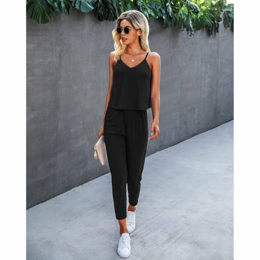 Women * | J+J Sets Black Solid Cami + Pants Set