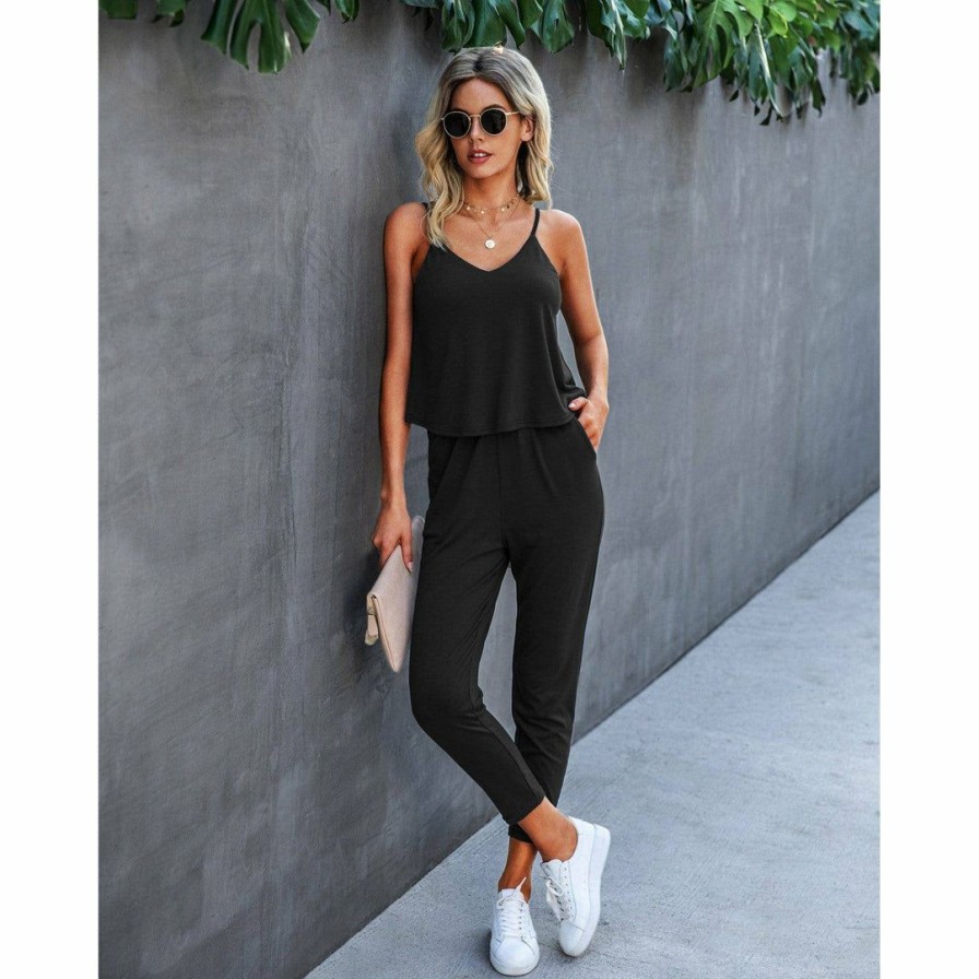 Women * | J+J Sets Black Solid Cami + Pants Set