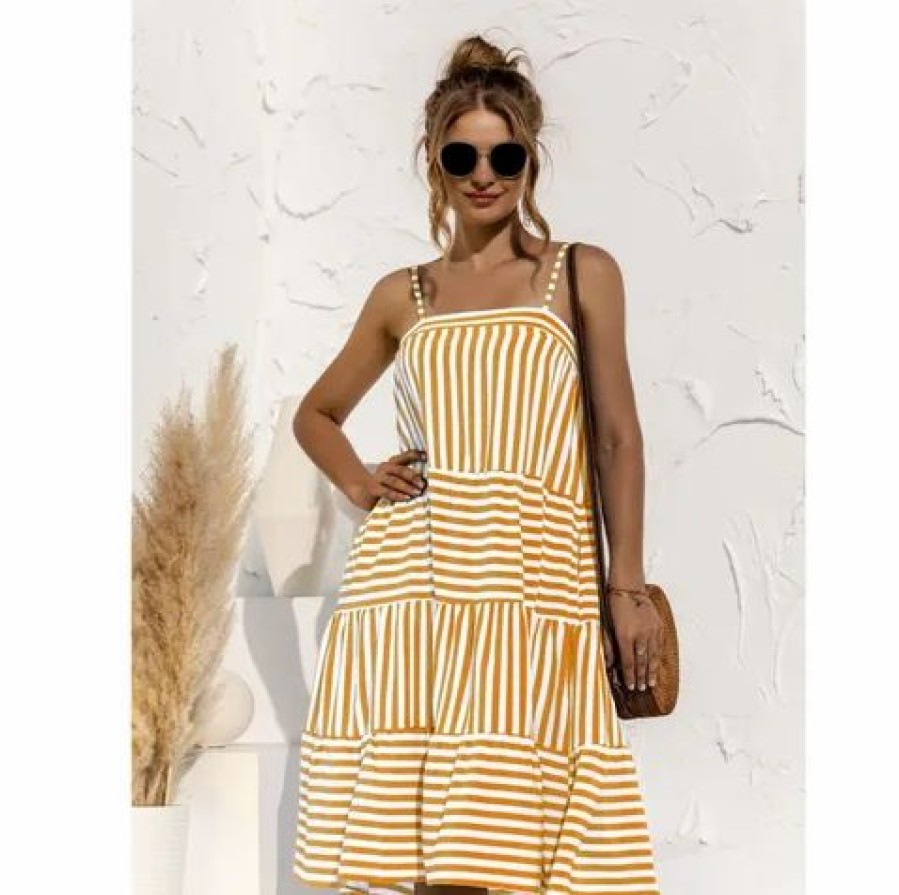 Women * | J+J Striped Spring Ruffle Dress