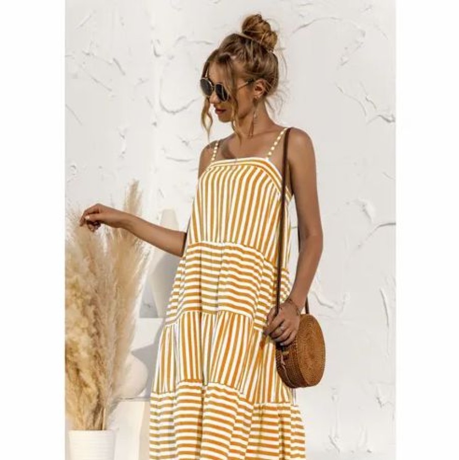 Women * | J+J Striped Spring Ruffle Dress