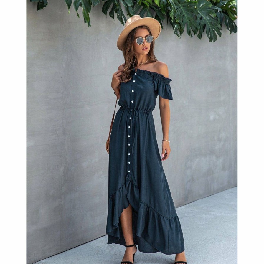 Women * | J+J Dresses Navy Off Shoulder Button Down Dress