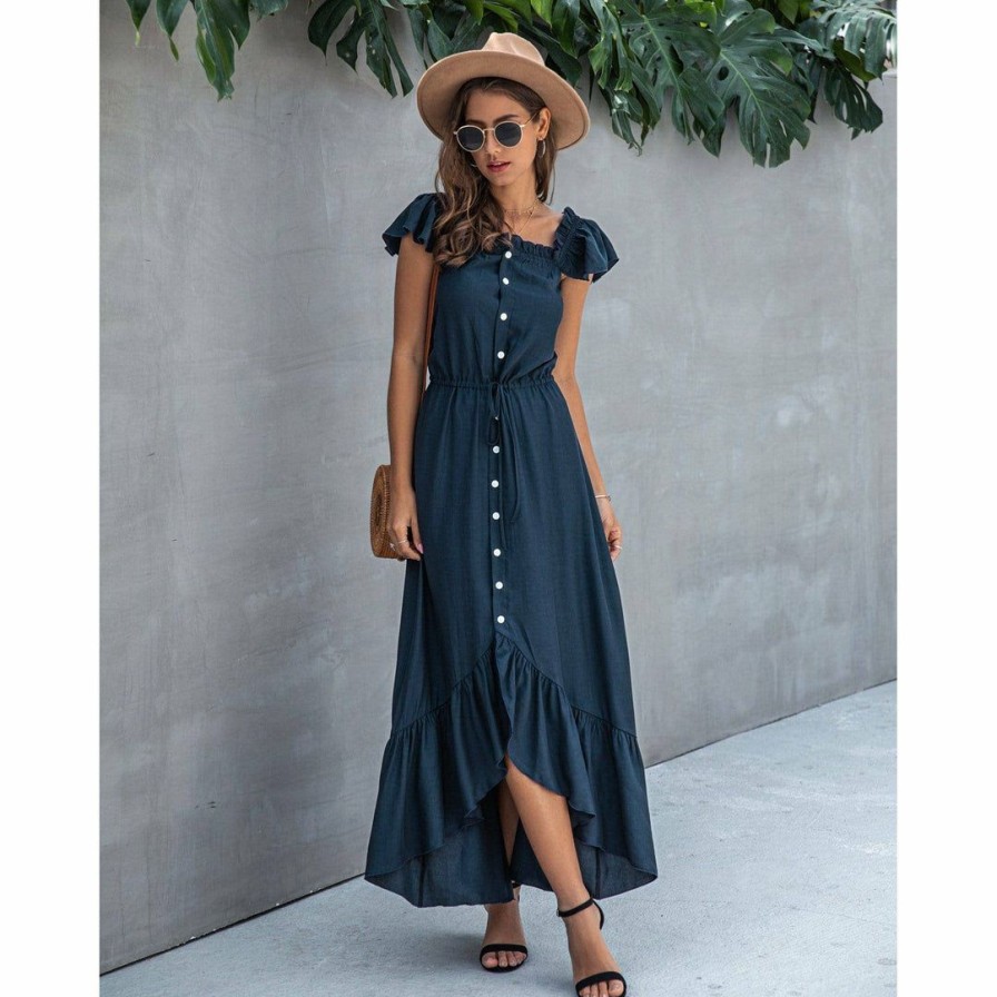 Women * | J+J Dresses Navy Off Shoulder Button Down Dress