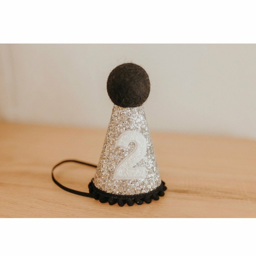 Party Time * | Cutest Little Party # 2 Silver Glitter + Black Pom Trim + White Glitter Party Hat Party Time