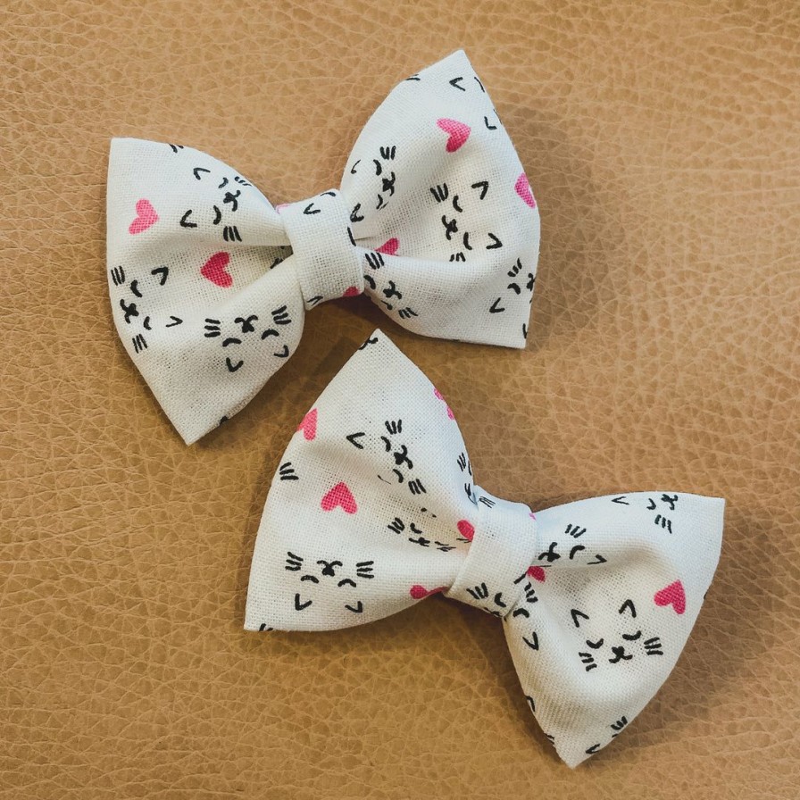 Headwear * | Bows For Show Headwear Kitty Cat + Hearts Pigtail Hair Bow Clips