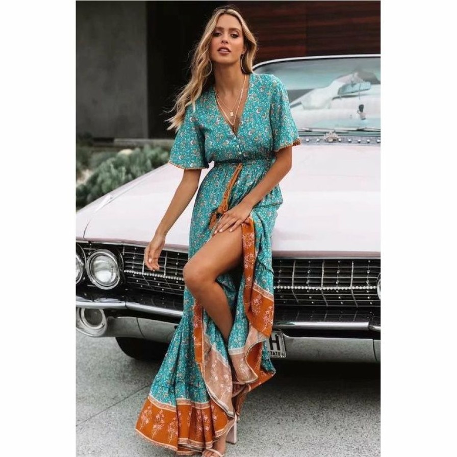 Women * | J+J Dresses Teal Ruffle Boho Dress