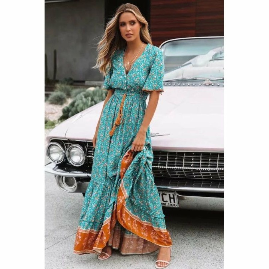 Women * | J+J Dresses Teal Ruffle Boho Dress