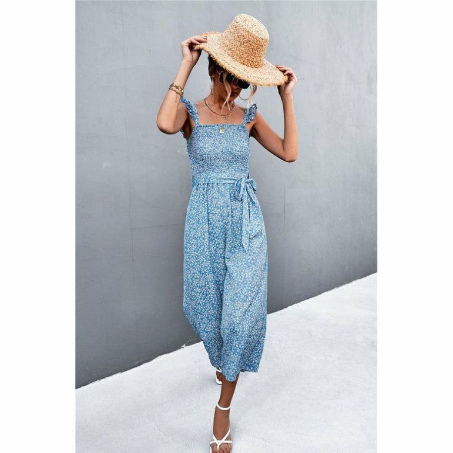 Women * | J+J Light Blue Floral Jumpsuit Rompers + Jumpers