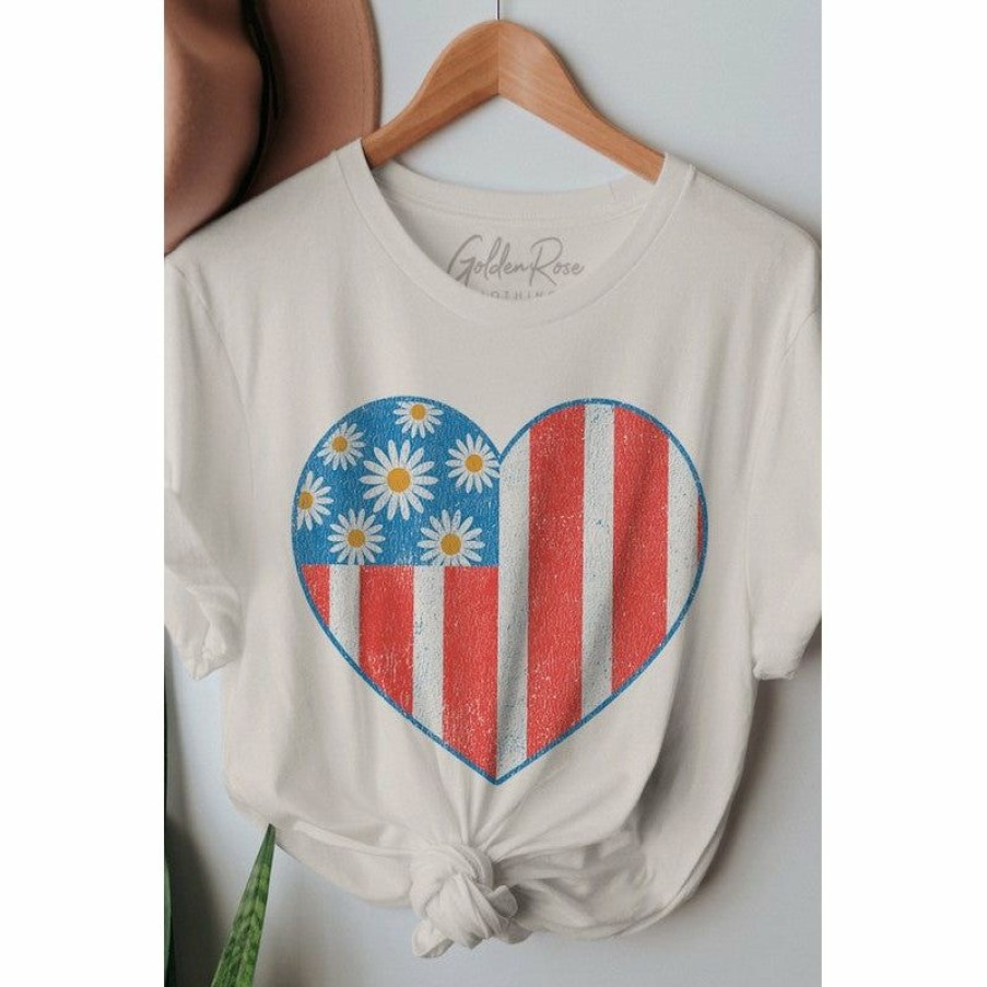 Women * | J+J Usa Heart Flower Flag Cream America Tee Graphic Tees