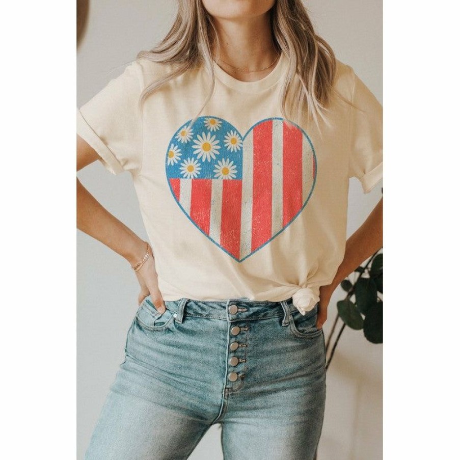 Women * | J+J Usa Heart Flower Flag Cream America Tee Graphic Tees