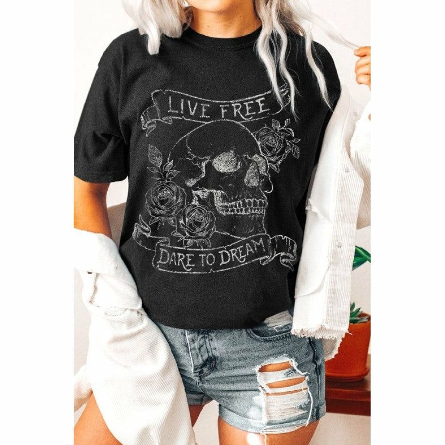 Women * | J+J Live Free Black Oversized Tee Graphic Tees