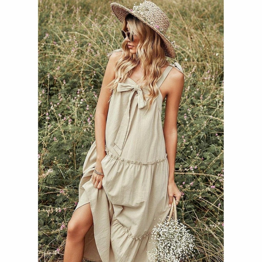 Women * | J+J Beige Ribbon Detail Tiered Maxi Dress