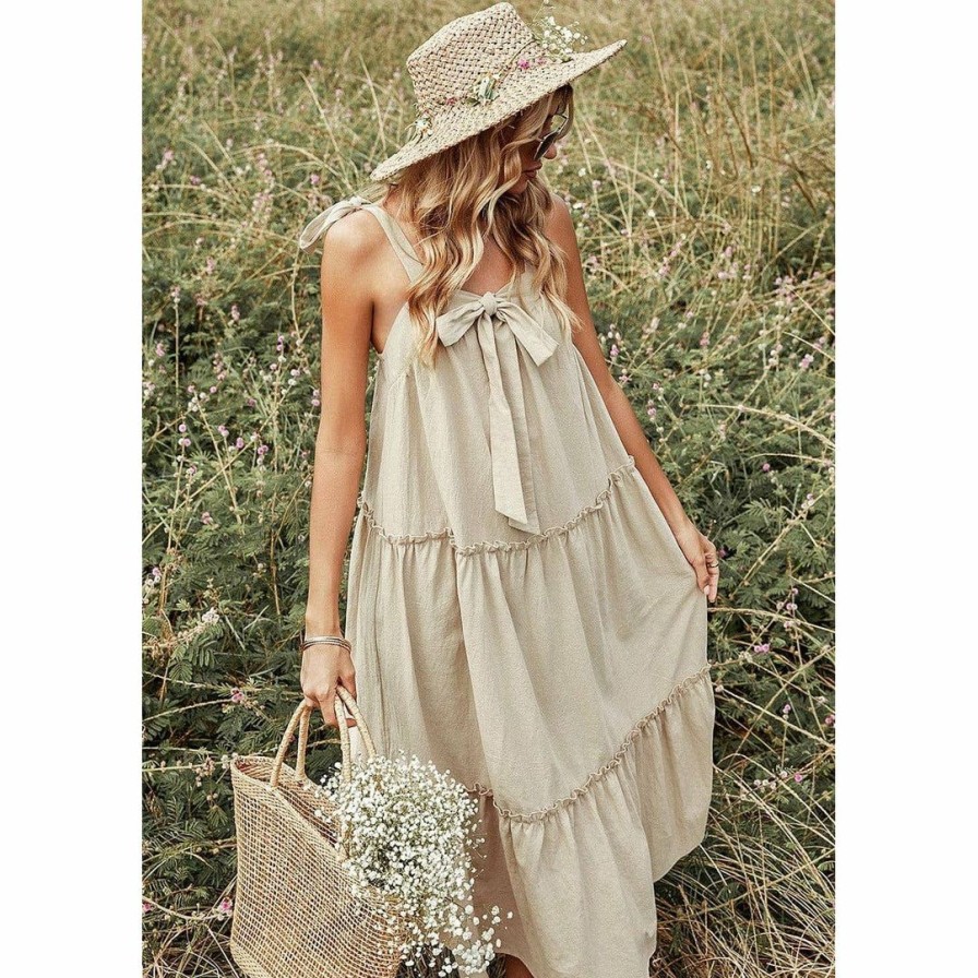 Women * | J+J Beige Ribbon Detail Tiered Maxi Dress