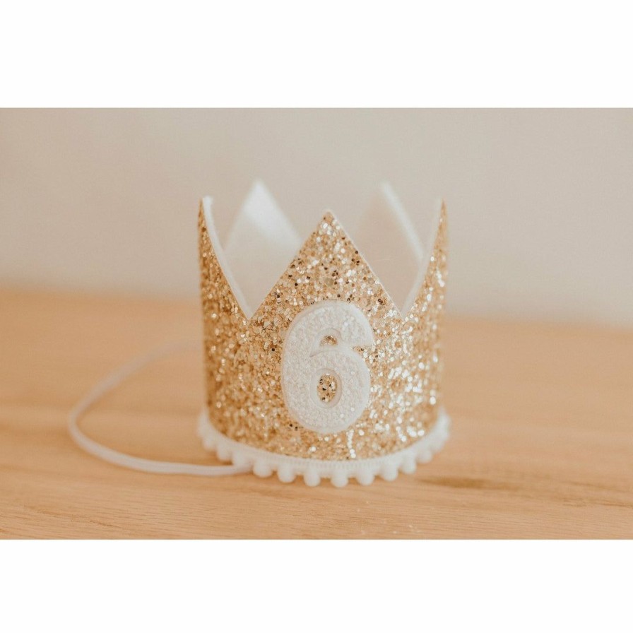 Party Time * | Cutest Little Party # 6 Gold Glitter + White Pom Trim + White Glitter Crown