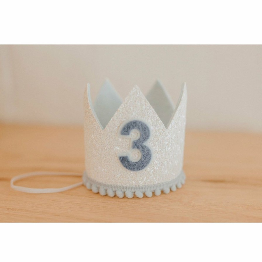 Party Time * | Cutest Little Party # 3 White Glitter + Baby Blue Pom Trim + Pool Felt Crown Party Time