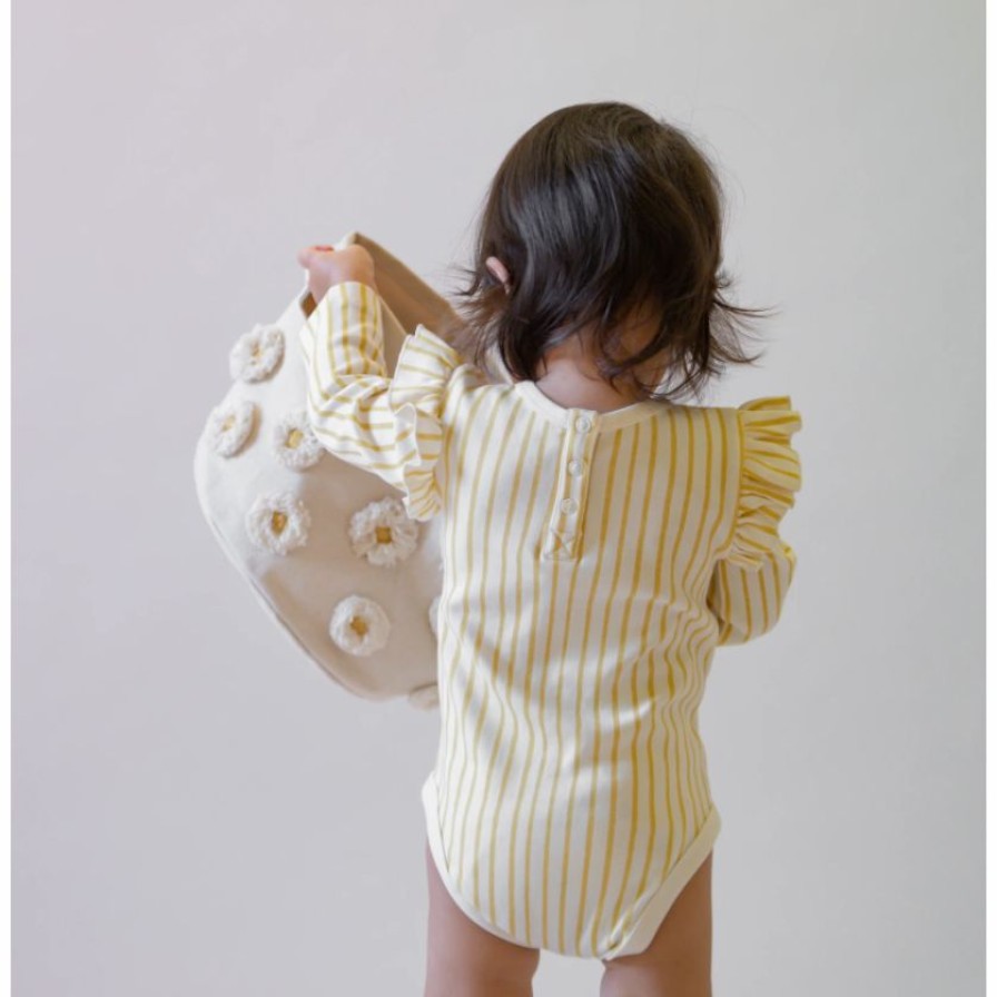 Clothing * | Pehr Marigold Stripe Ruffle Long Sleeve Onesie