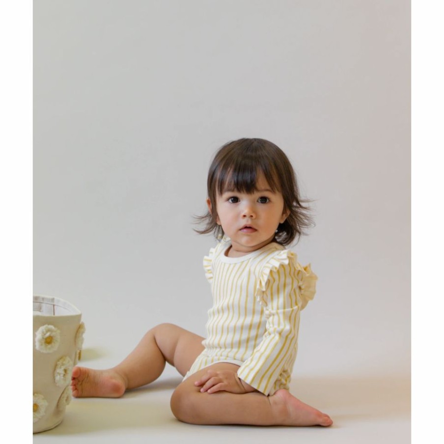 Clothing * | Pehr Marigold Stripe Ruffle Long Sleeve Onesie