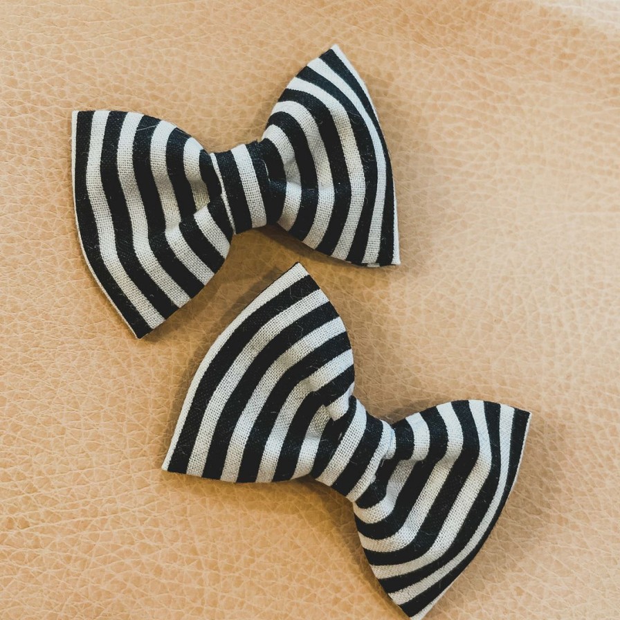 Headwear * | Bows For Show Headwear Black + White Stripe Pigtail Hair Bow Clips