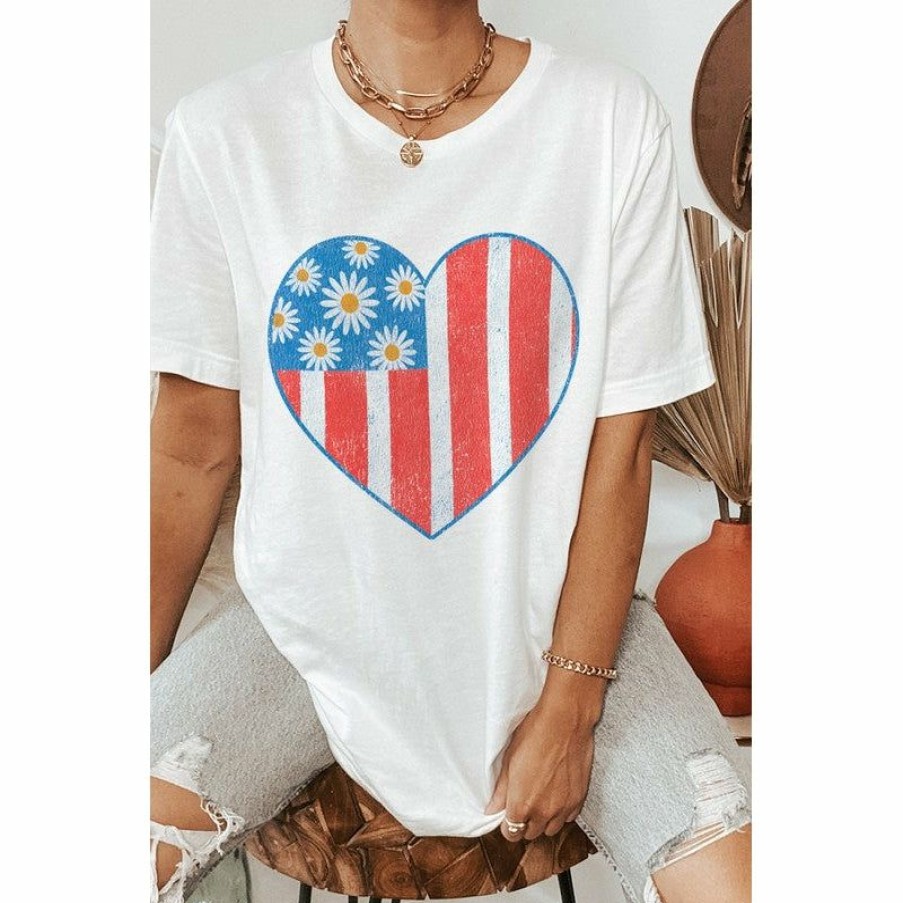 Women * | J+J Usa Heart Flower White America Oversized Tee