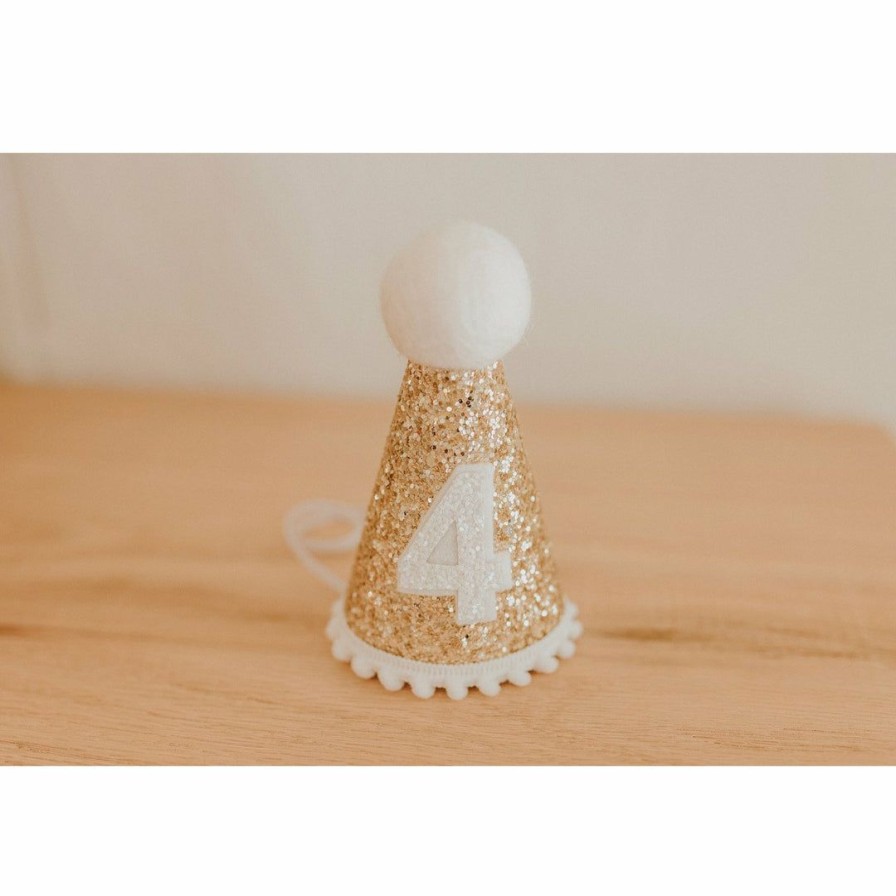 Party Time * | Cutest Little Party # 4 Gold Glitter + White Pom Trim + White Glitter Party Hat Party Time