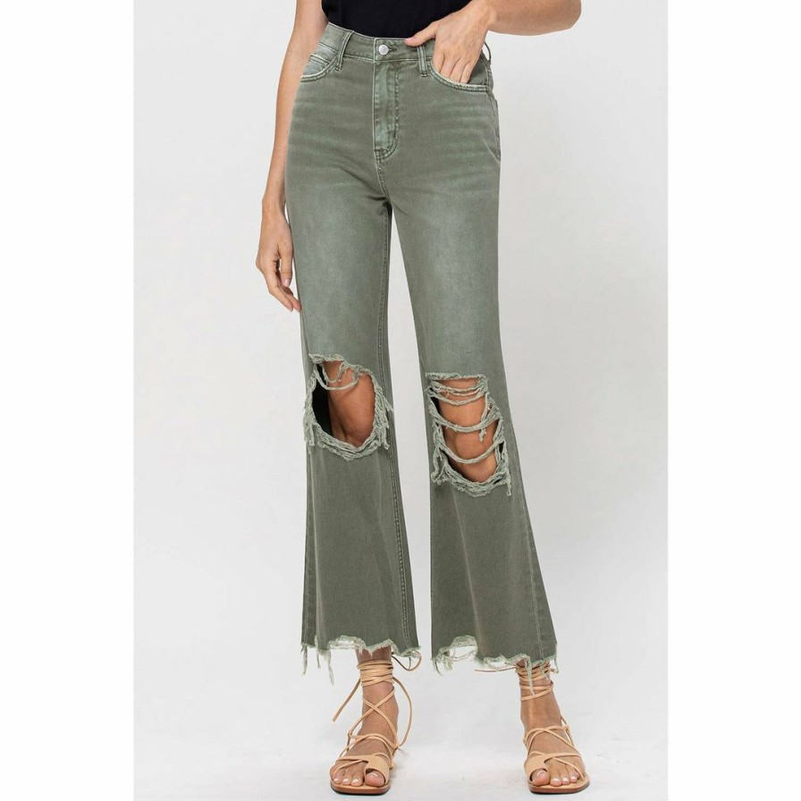 Women * | J+J Army Green Cropped Flare Jeans Jeans + Pants