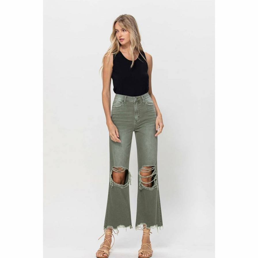 Women * | J+J Army Green Cropped Flare Jeans Jeans + Pants