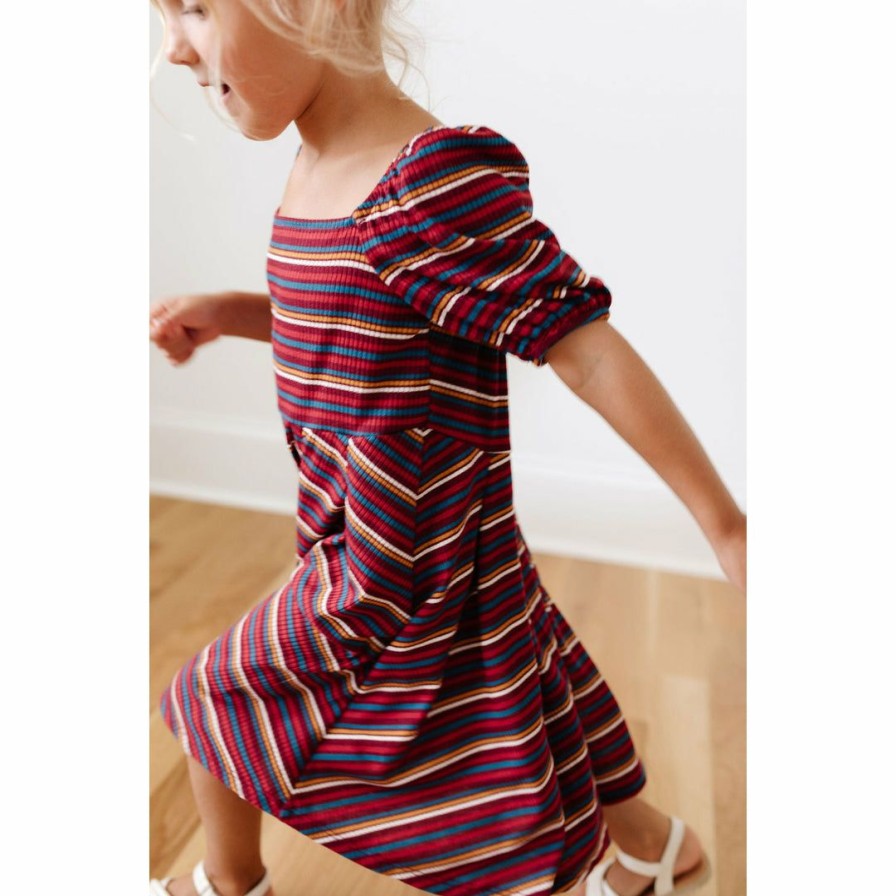 Clothing * | Lia + Lou Retro Stripe Ribbed Puff Sleeve Dress Dresses