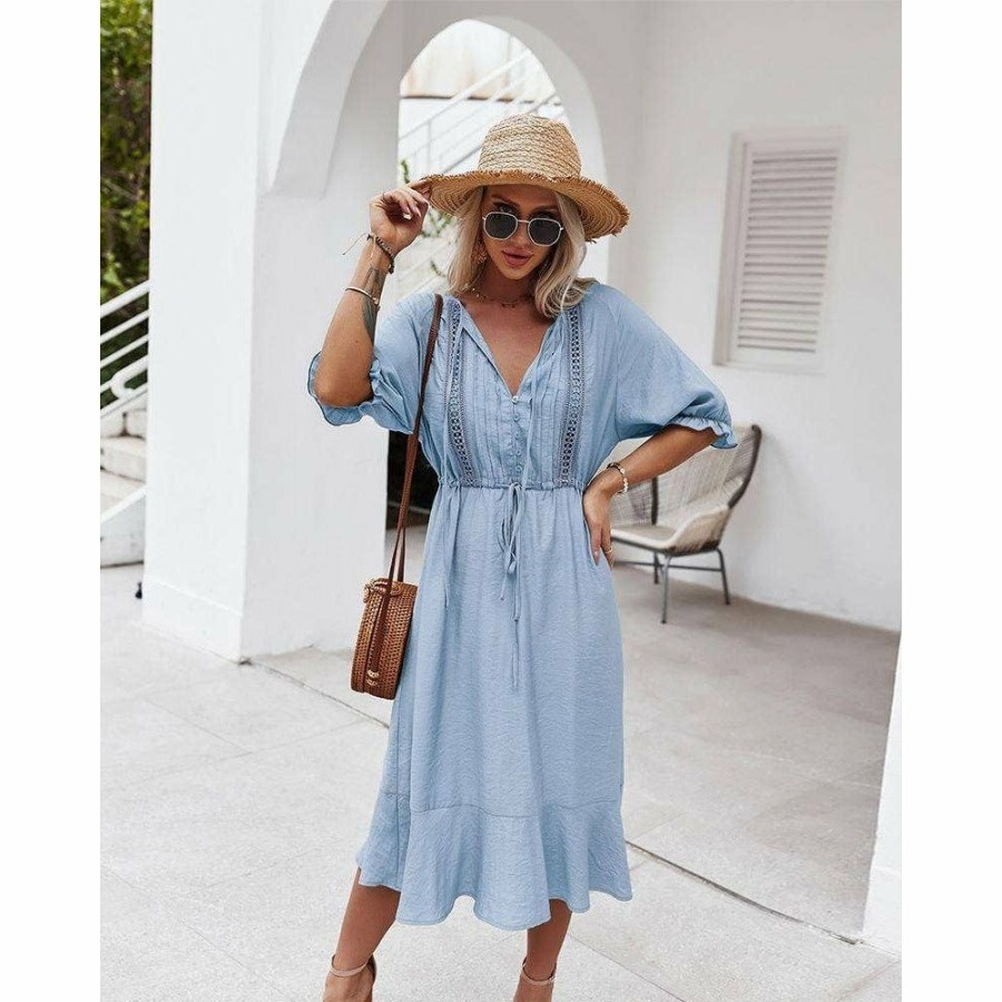 Women * | J+J Dresses Light Blue Crochet Detail Puff Sleeve Dress