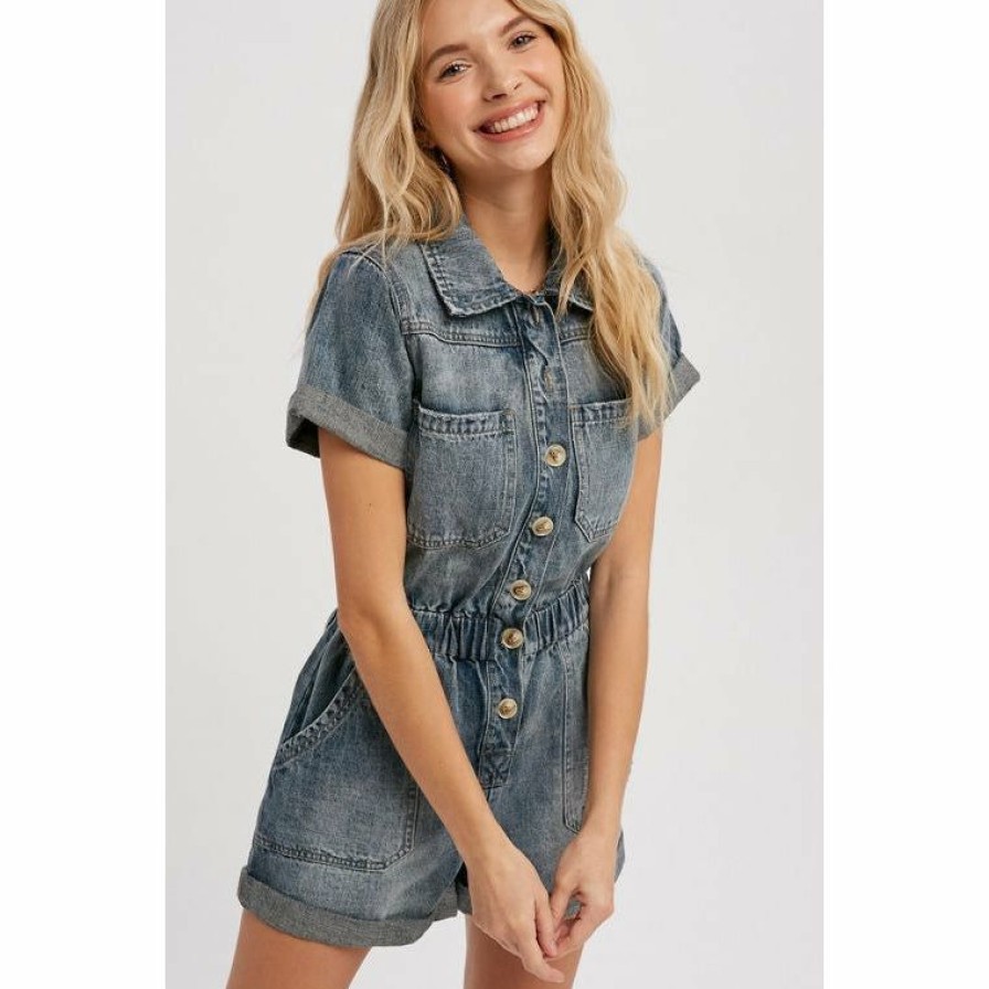 Women * | J+J Vintage Blue Denim Button Romper