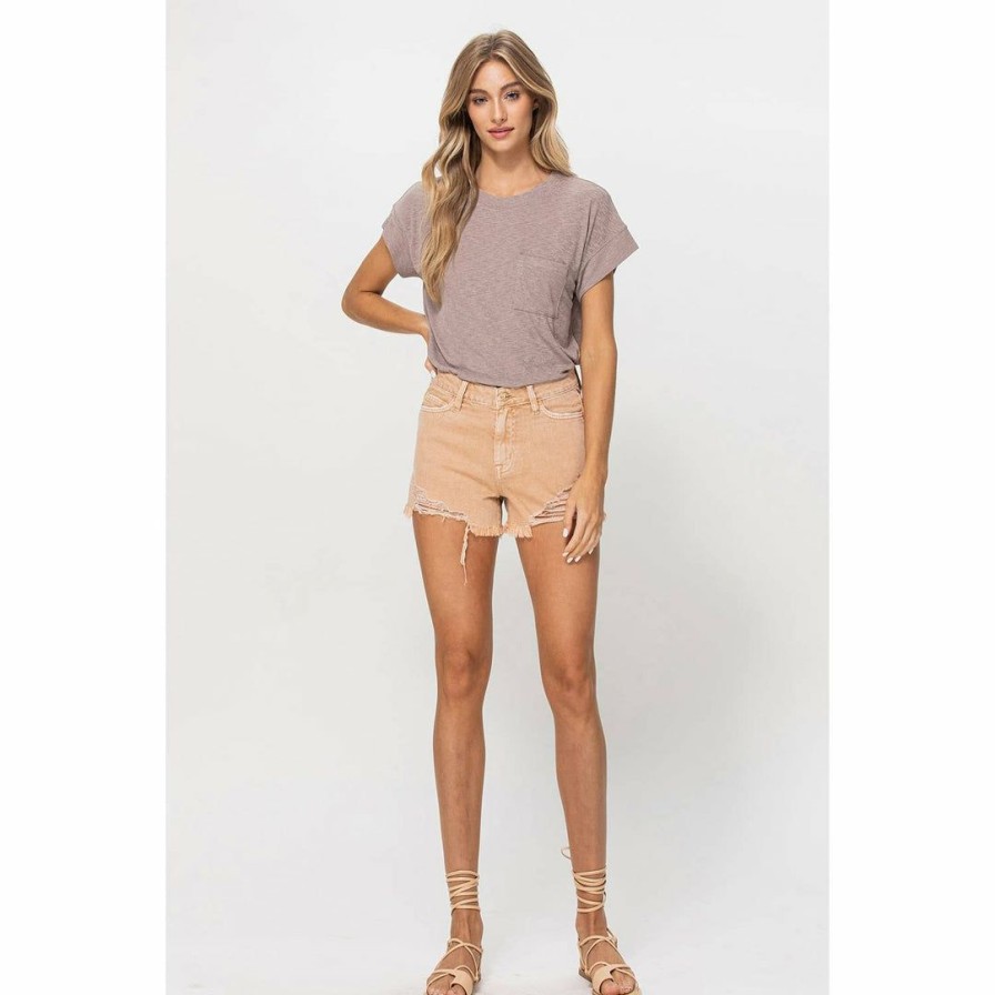 Women * | J+J Khaki Distressed High Rise Denim Shorts