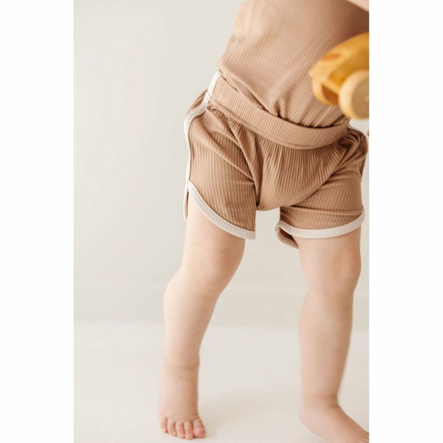 Clothing * | Joss + J Bottoms Taupe + Cream Ribbed Bamboo Track Shorts