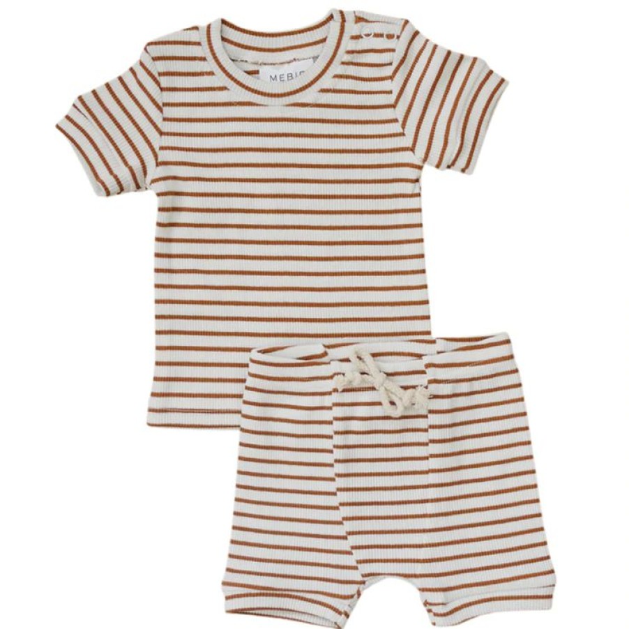 Clothing * | Mebie Baby Two-Piece Sets Honey + White Stripe Organic Cotton Ribbed Shorts Set