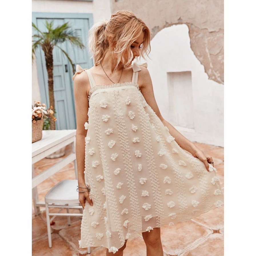 Women * | J+J Dresses Cream Textured Polka Dot Dress