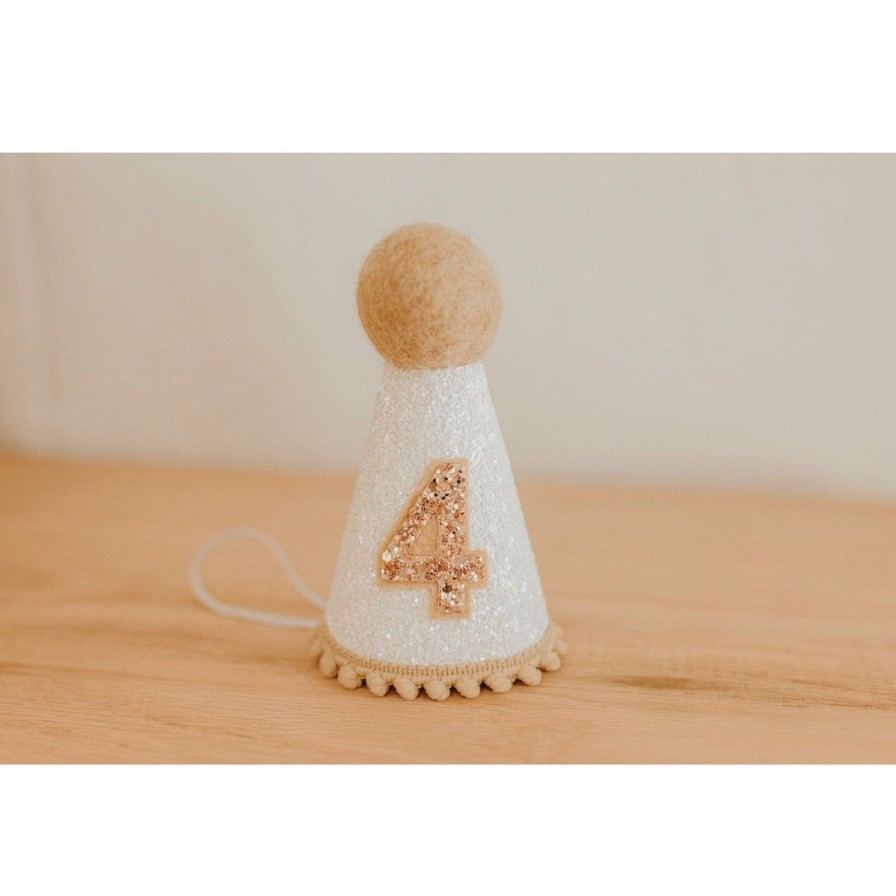 Party Time * | Cutest Little Party # 4 White Glitter + Toast Pom Trim/White Lining + Rose Gold/Toast Felt Party Hat