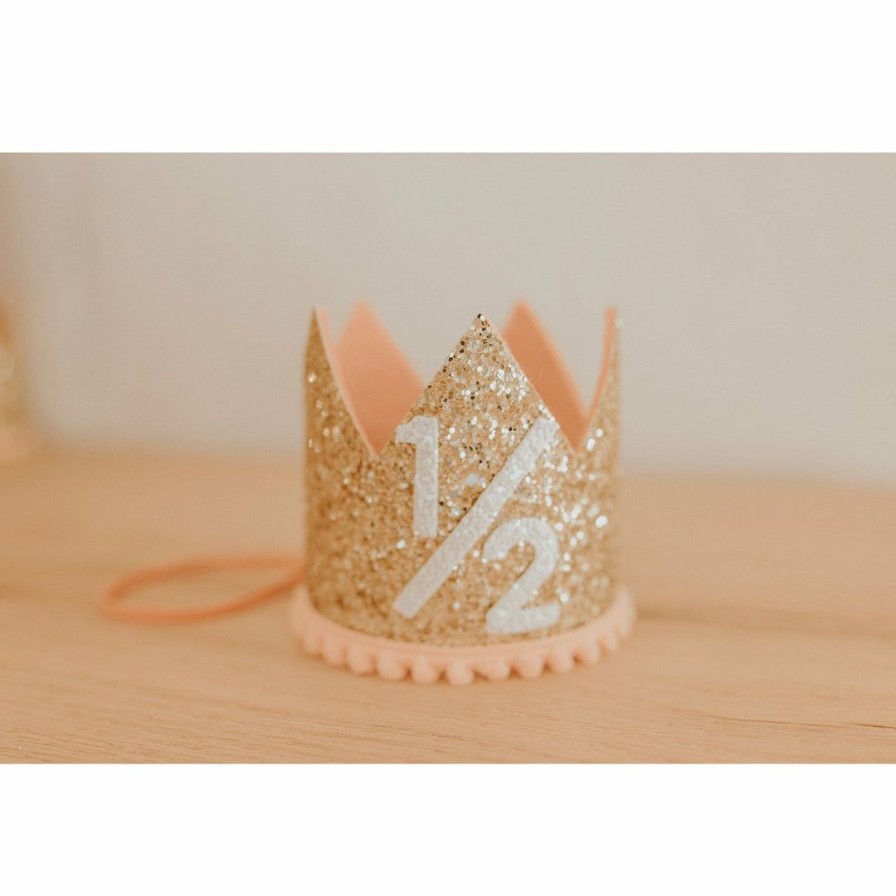 Party Time * | Cutest Little Party Party Time # 1/2 Gold Glitter + Blush Pom Trim + White Glitter Crown