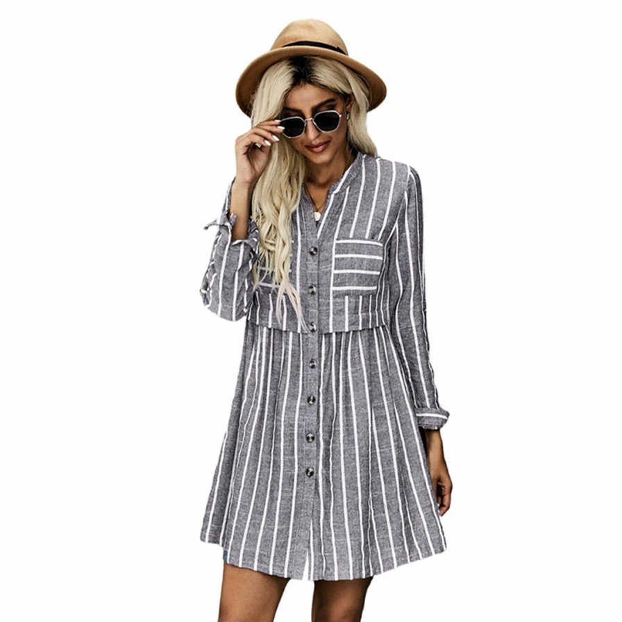 Women * | J+J Dresses Contrast Striped Buttoned Shirt Dress