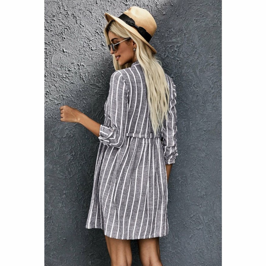 Women * | J+J Dresses Contrast Striped Buttoned Shirt Dress