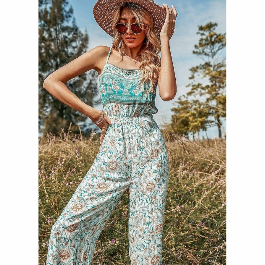 Women * | J+J Green Floral Boho Jumpsuit