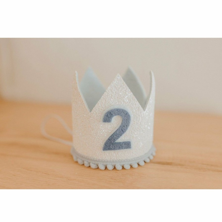 Party Time * | Cutest Little Party # 2 White Glitter + Baby Blue Pom Trim + Pool Felt Crown Party Time