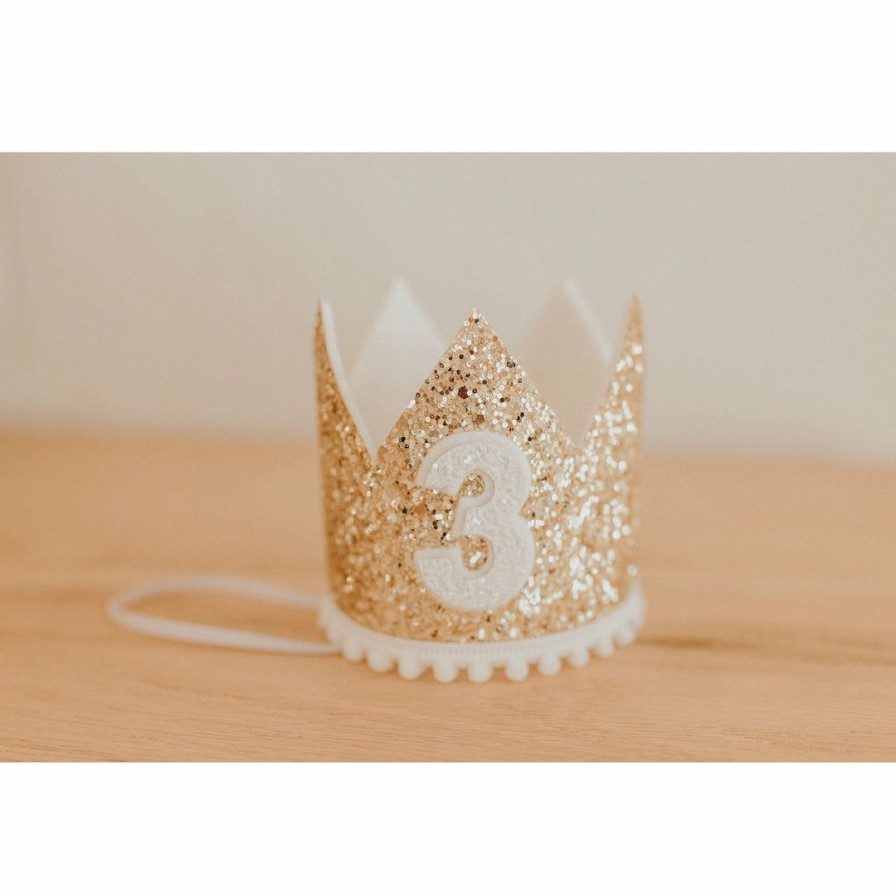 Party Time * | Cutest Little Party # 3 Gold Glitter + White Pom Trim + White Glitter Crown