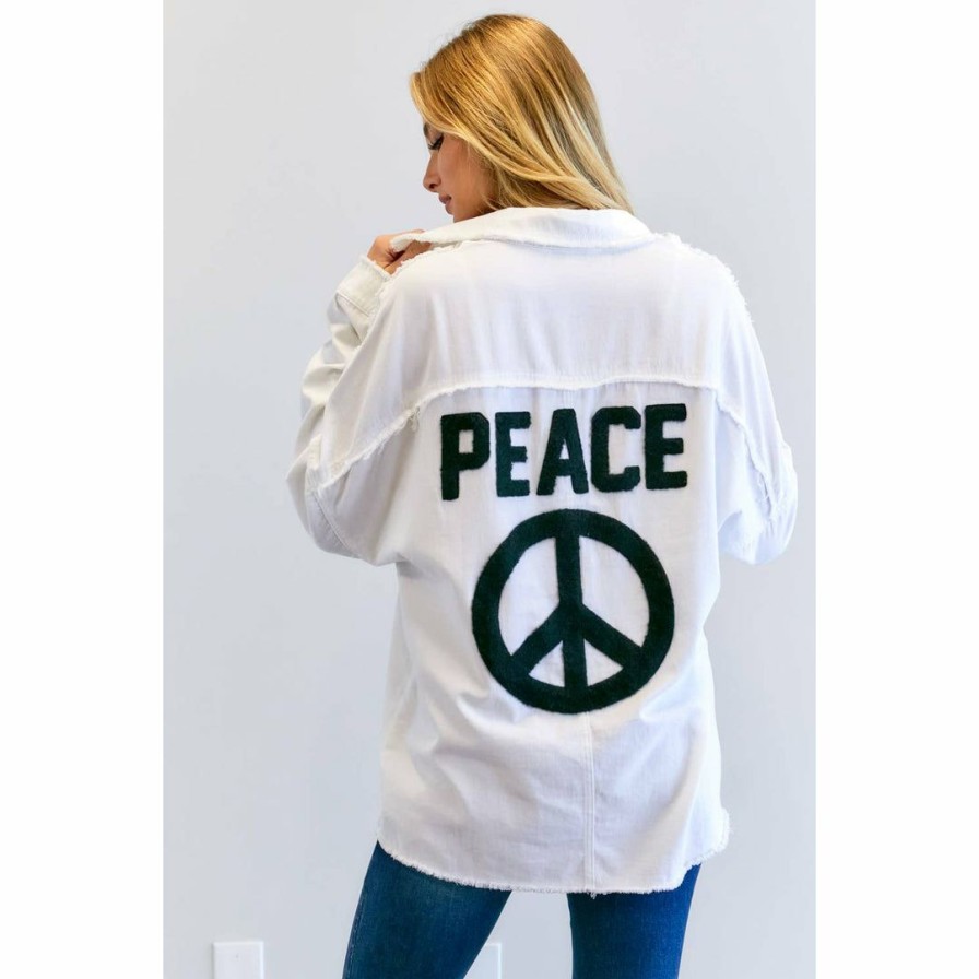 Women * | J+J Outerwear White Solid Peace Long Sleeve Jacket