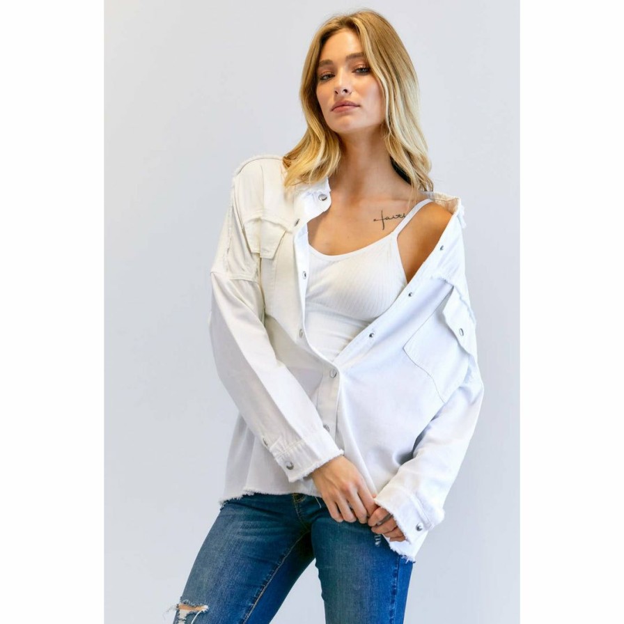 Women * | J+J Outerwear White Solid Peace Long Sleeve Jacket