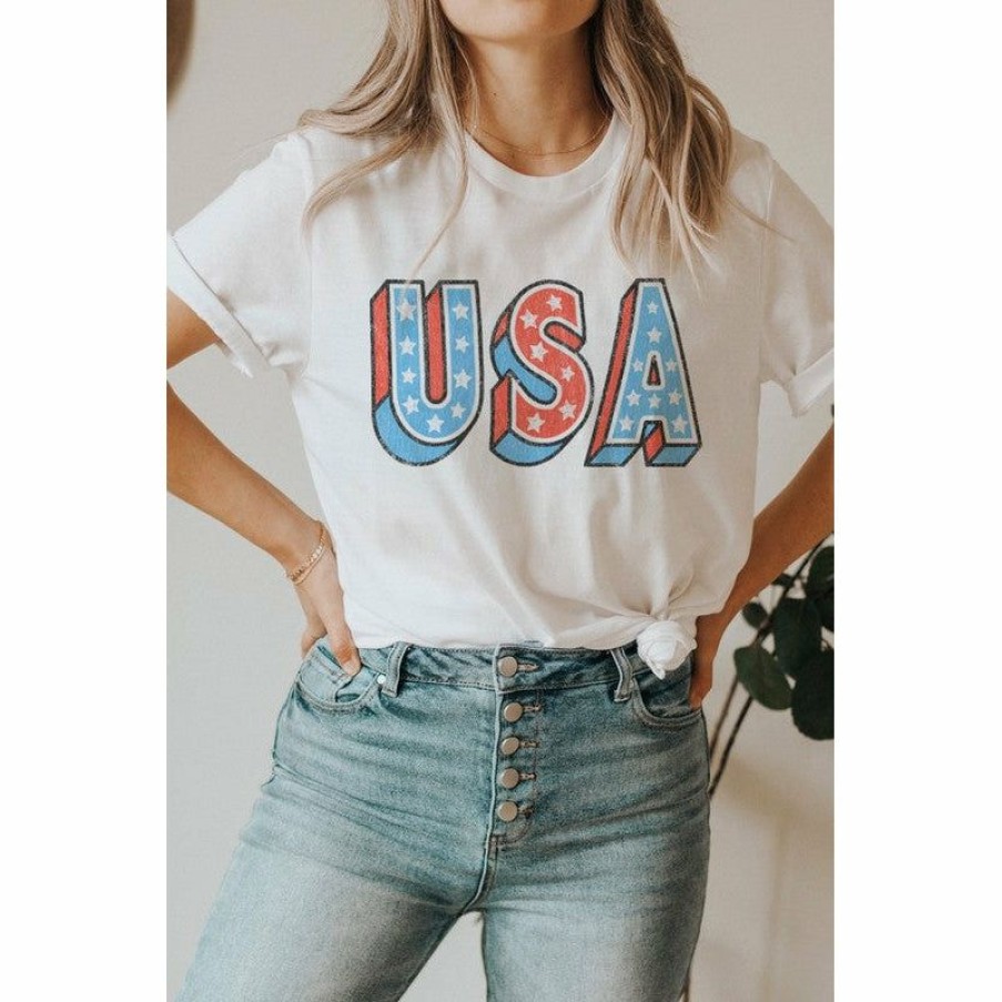 Women * | J+J Usa Star White America Tee Graphic Tees