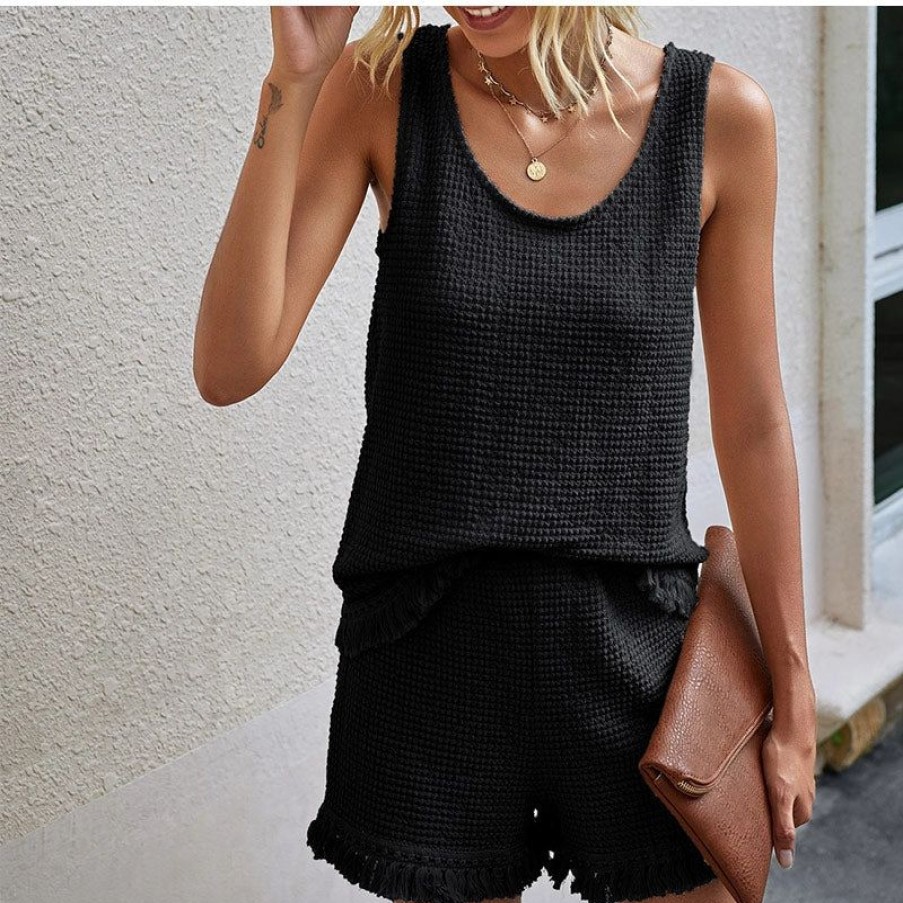 Women * | J+J Black Tassel Tank + Shorts Set Sets