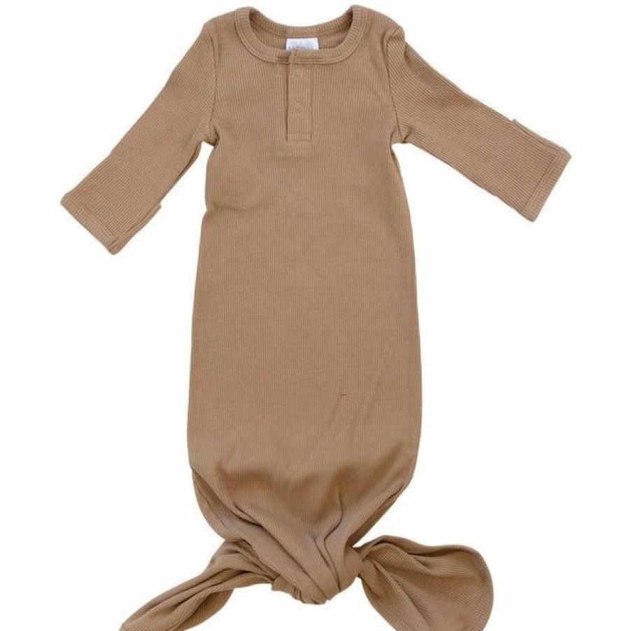 Clothing * | Mebie Baby Cafe Brown Organic Cotton Ribbed Knotted Gown Preemie + Newborn