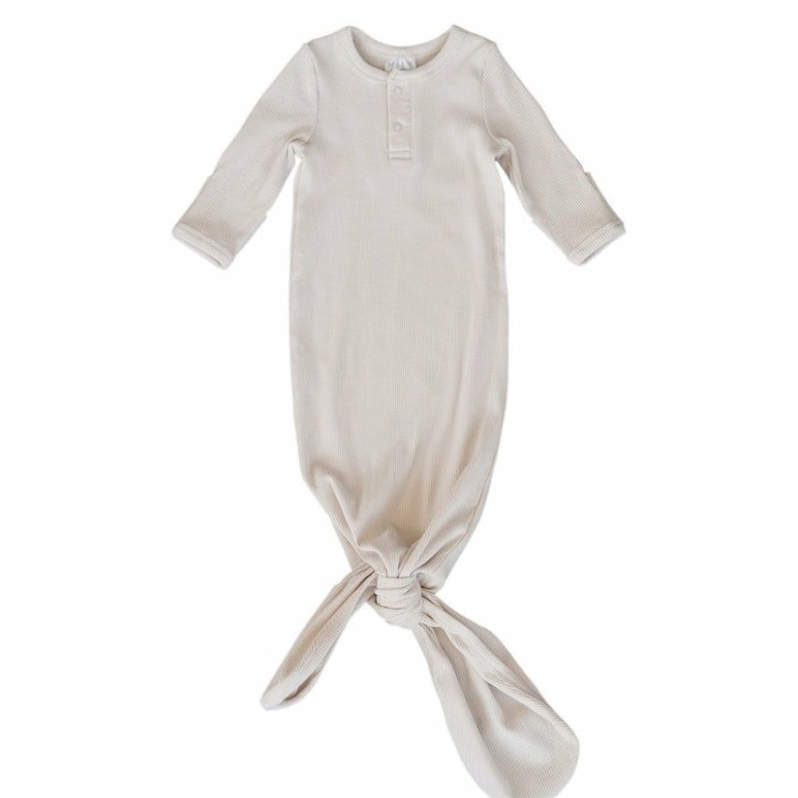 Clothing * | Mebie Baby Preemie + Newborn Vanilla Organic Cotton Ribbed Knotted Gown