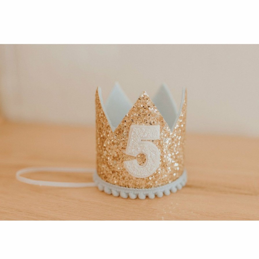 Party Time * | Cutest Little Party # 5 Gold Glitter + Baby Blue Pom Trim + White Glitter Crown