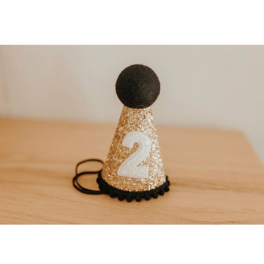 Party Time * | Cutest Little Party # 2 Gold Glitter + Black Pom Trim + White Glitter Party Hat