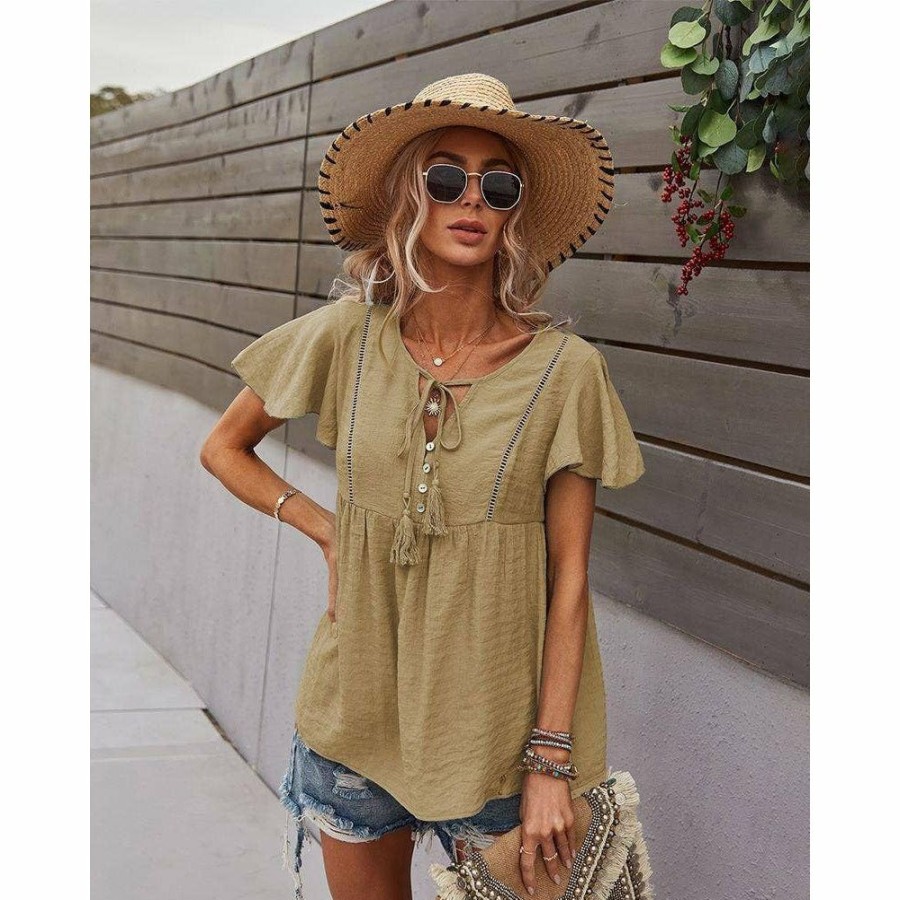 Women * | J+J Tops Beige Tie Neck Flowy Sleeve Blouse